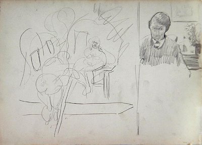 Study of Tree House with Primitive People, and Figure in a Room, for the Cave of the Golden Calf by Spencer Frederick Gore